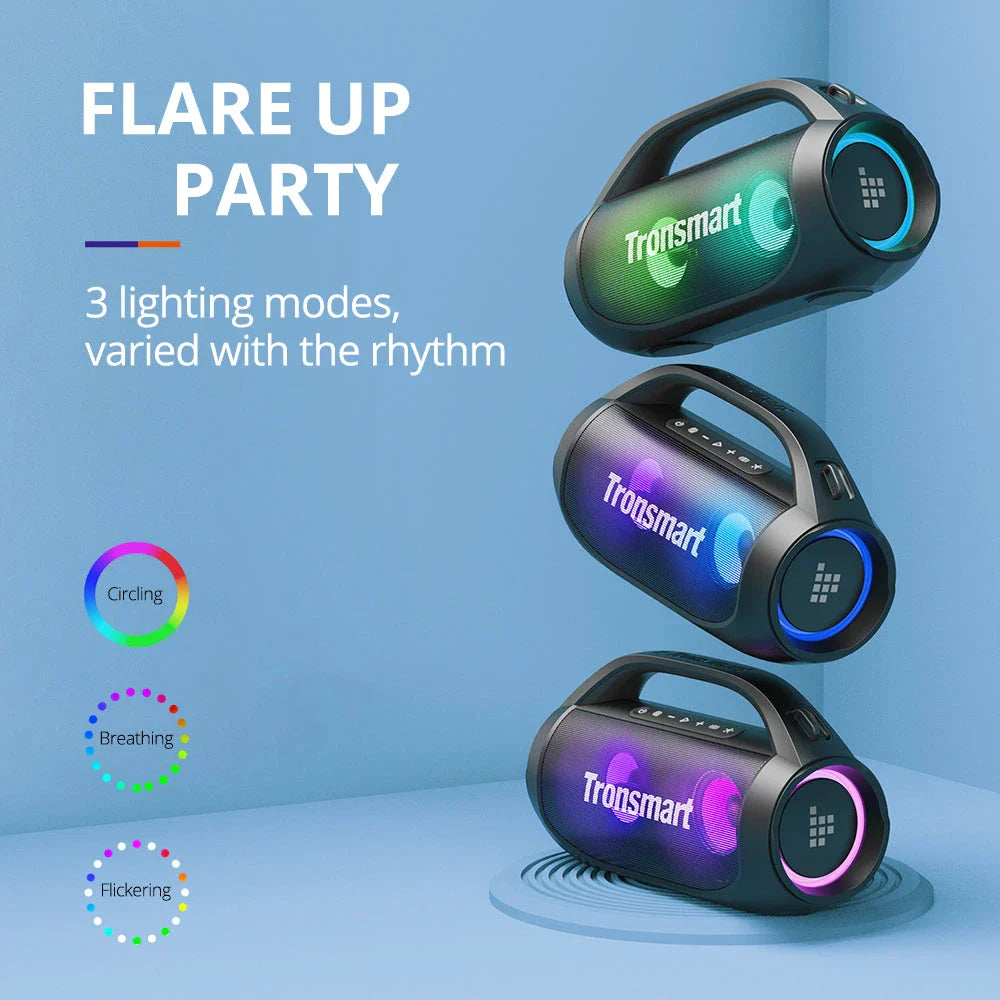 Powerful Bluetooth speaker with 40W audio, 24-hour playtime, and dynamic lighting effects for outdoor use
