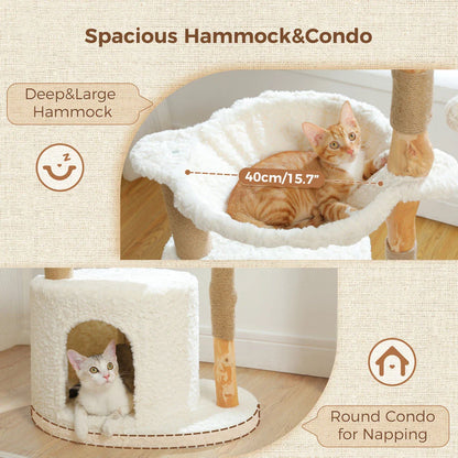 Elegant modern cat tree with woven basket, hammock, and solid wood scratching post for large indoor cats