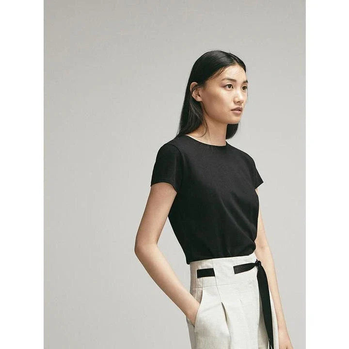 A grey, short-sleeved cotton t-shirt for women, featuring a classic round neckline and a flattering, regular fit.