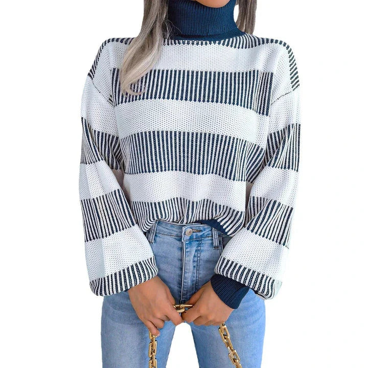 Cosy and stylish high-neck striped sweater in various colours, featuring lantern sleeves and a relaxed fit for all-day comfort.