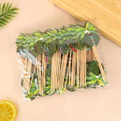 Hawaiian Luau Cocktail Picks with tropical coconut palm tree designs for vibrant party decor
