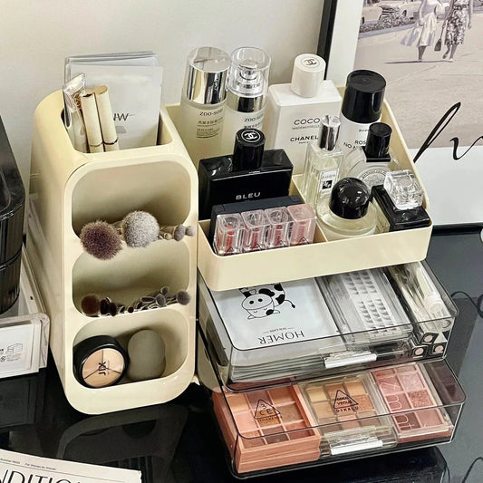 Premium makeup organiser with rotating brush holder and divided tray for organised storage of cosmetics and beauty essentials