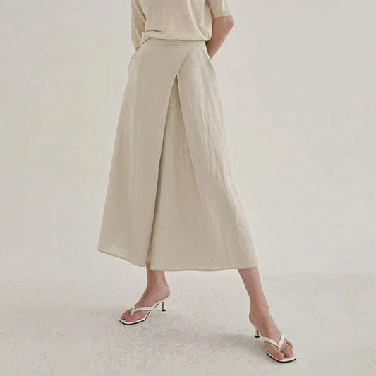 Elegant high-waist cotton-linen wide-leg trousers for women in a chic linen colour