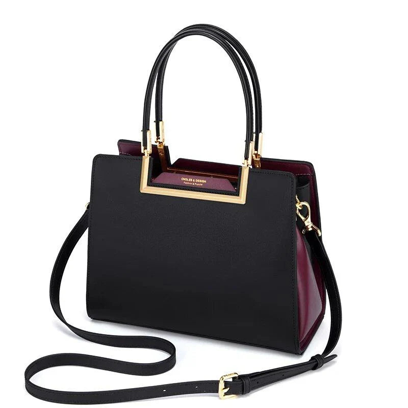 Elegant premium genuine leather tote bag with spacious interior, multiple compartments, and a secure zipper closure for everyday use