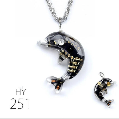 Steampunk-inspired dolphin pendant necklace with electronic components and brass accents