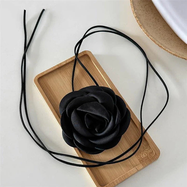 Elegant rose flower satin rope choker necklace with adjustable bowknot closure