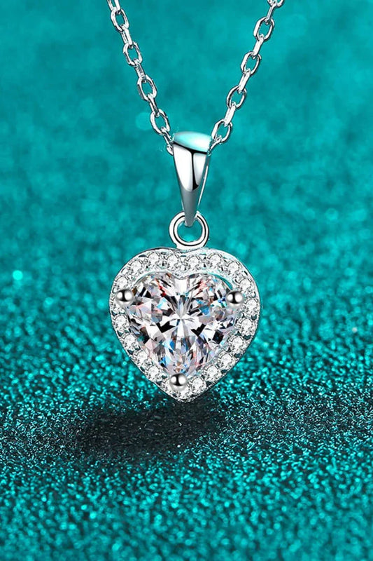 Elegant 1 Carat Moissanite Heart Pendant Necklace in 925 Sterling Silver, showcasing a captivating heart-shaped moissanite stone with exceptional brilliance.