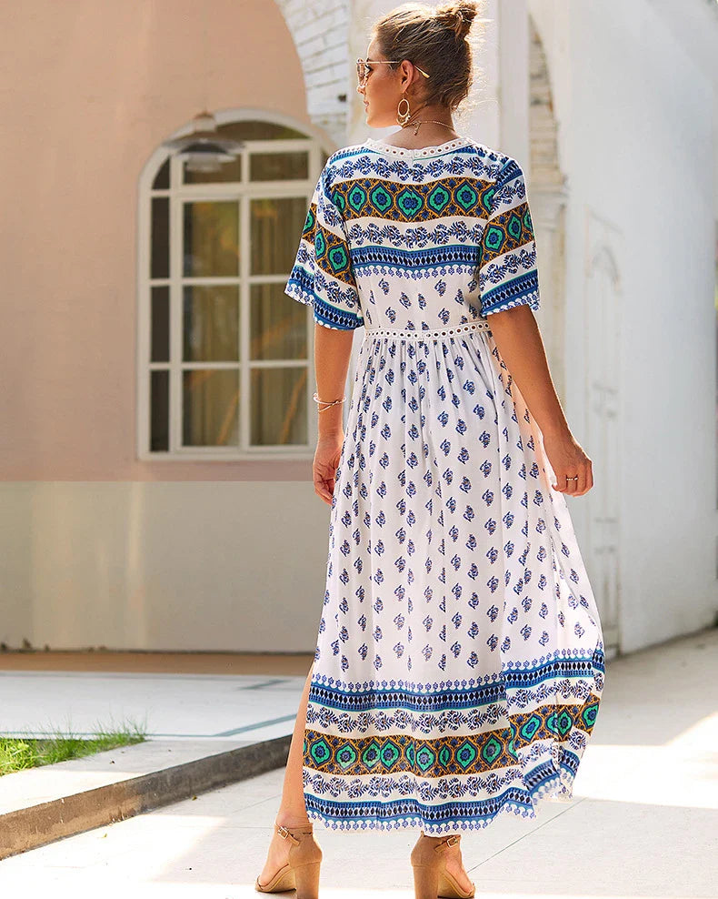 Elegant Bohemian-inspired autumn dress in vibrant yellow, made from premium cotton for a soft and comfortable feel.