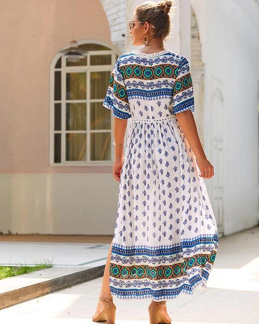 Elegant Bohemian-inspired autumn dress in vibrant yellow, made from premium cotton for a soft and comfortable feel.