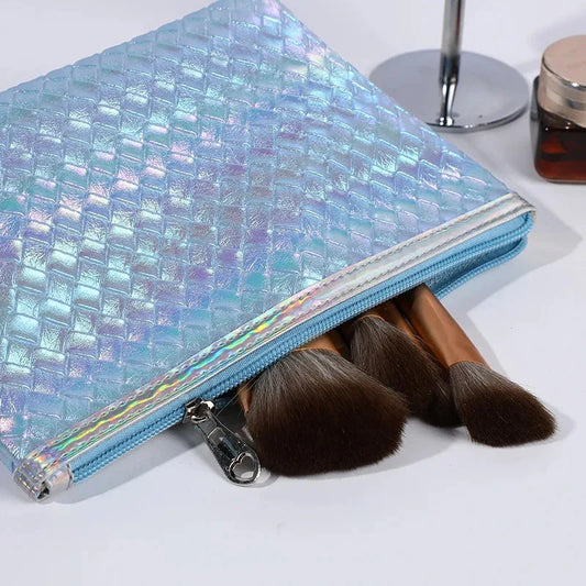 Large leather travel cosmetic bag with stylish paillette pattern, perfect for organising makeup and toiletries on the go