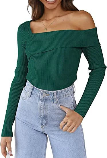 Elegant off-shoulder knitted sweater in various autumn colours, perfect for the British season