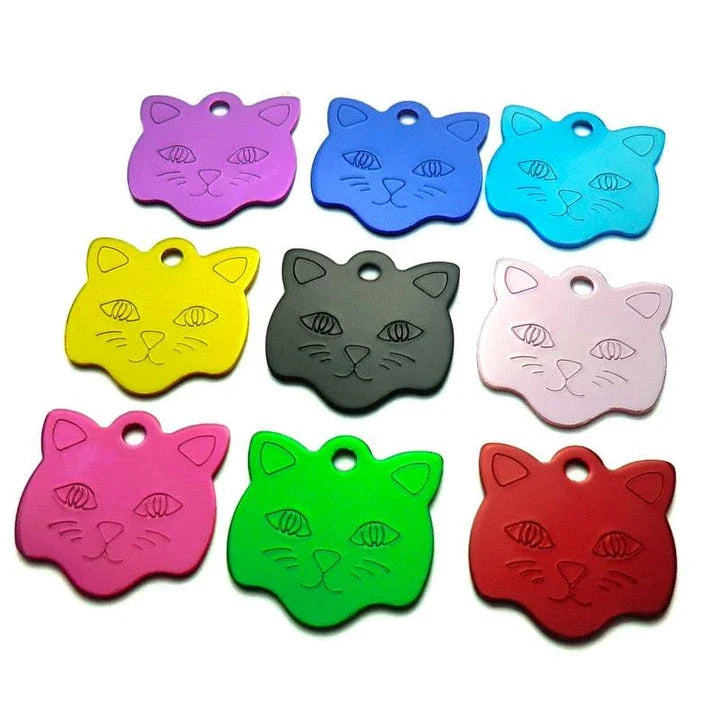 Customisable cat ID tags made from premium aluminium in a variety of vibrant colours