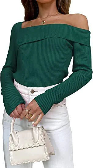 Elegant off-shoulder knitted sweater in various autumn colours, perfect for the British season
