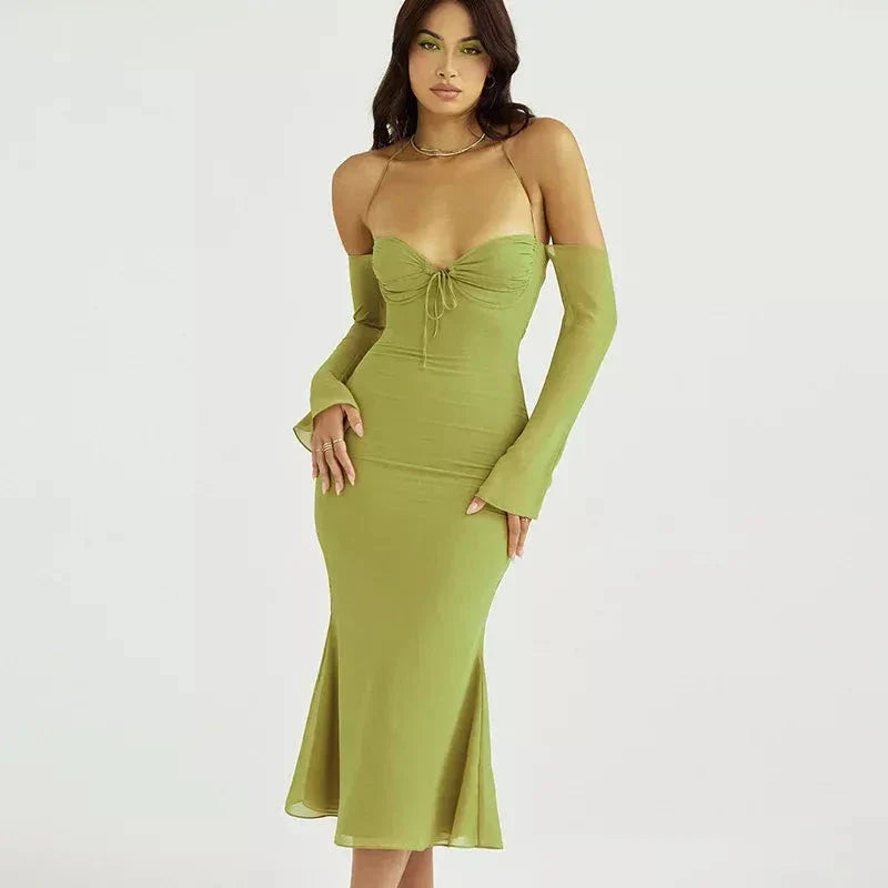 Elegant off-shoulder midi dress with lace-up back and mesh details, perfect for summer parties and events.