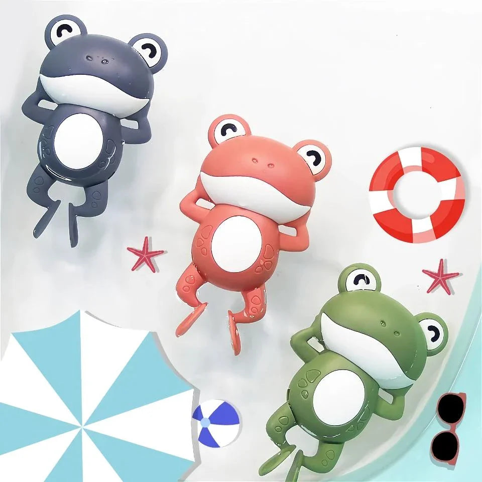 Delightful Clockwork Baby Bath Toy - Cute Frog Design, featuring a pink frog toy with a clockwork mechanism for swimming action