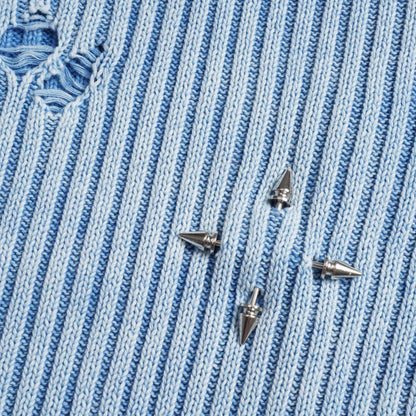 Classic ripped round neck jumper in a monochrome colour scheme, featuring a unique sunken stripe detail and a relaxed, comfortable fit.