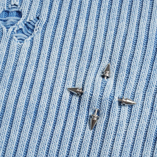 Classic ripped round neck jumper in a monochrome colour scheme, featuring a unique sunken stripe detail and a relaxed, comfortable fit.