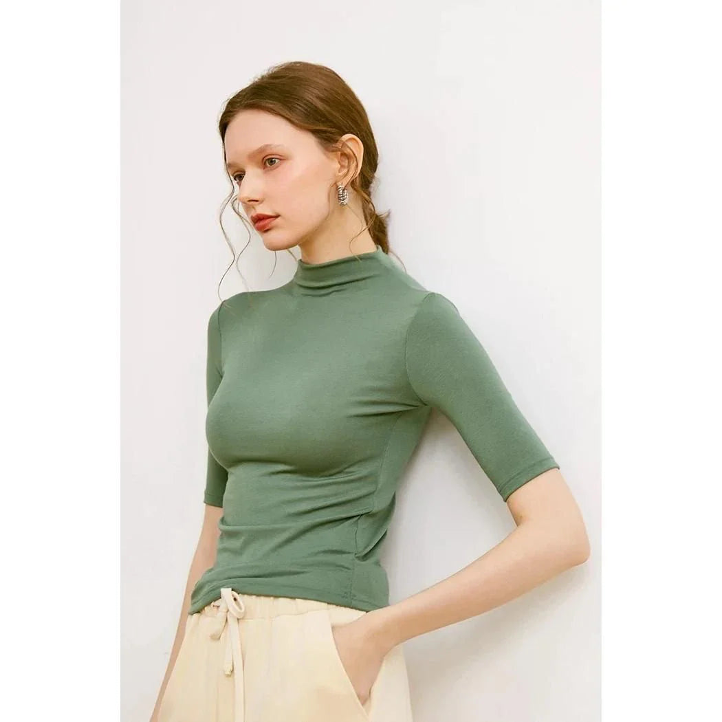 Women's Mock Neck Wool Blend T-Shirt in Pink - Elegant and Comfortable British-Inspired Design