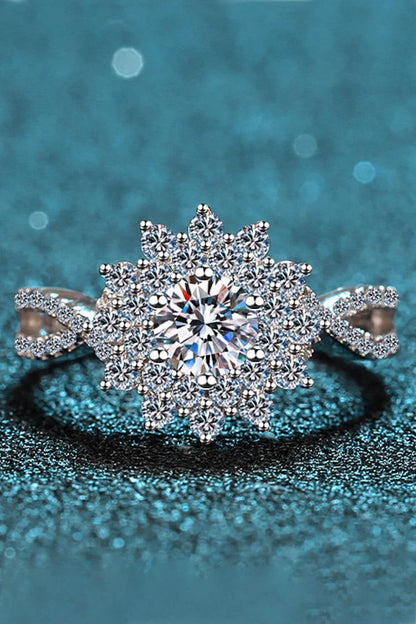 Elegant moissanite flower-inspired split-shank ring in sterling silver and platinum plating