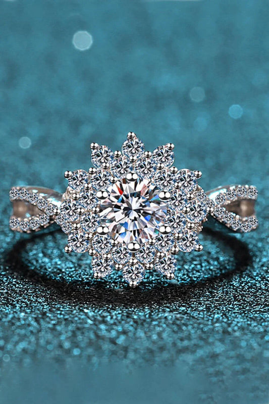 Elegant moissanite flower-inspired split-shank ring in sterling silver and platinum plating