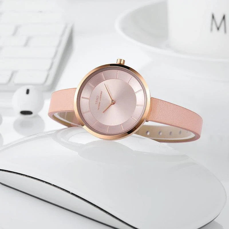 Elegant and water-resistant ladies' fashion watch with a sleek, thin design and premium leather strap