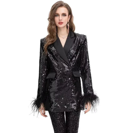 Elegant double-breasted blazer with feather and sequin embellishments, available in black and various sizes