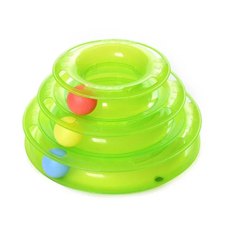 A yellow cat pyramid toy with colourful bouncing balls, designed to engage and entertain your feline companion