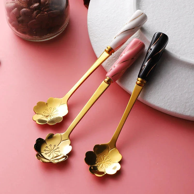 Elegant stainless steel flower teaspoon with ceramic handle in various colours and flower shapes