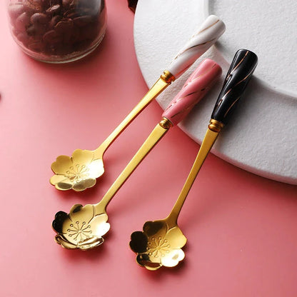 Elegant stainless steel flower teaspoon with ceramic handle in various colours and flower shapes