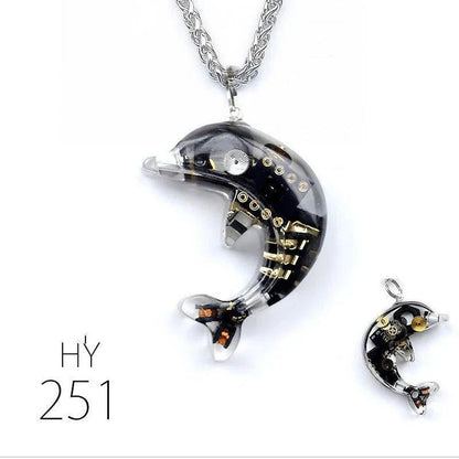 Steampunk-inspired dolphin pendant necklace with electronic components and brass accents