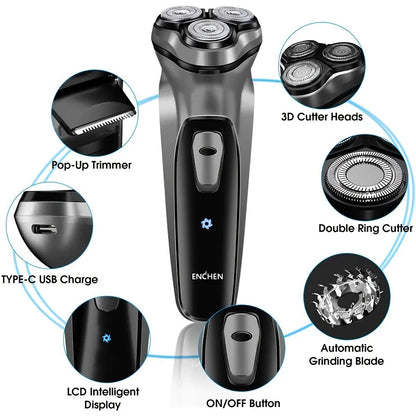 Advanced cordless electric face shaver with 3D floating heads and ultra-thin double ring cutter for a smooth, comfortable shave