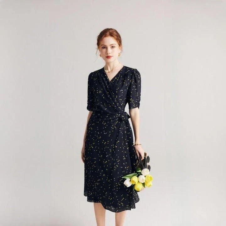 Homeenjoy UK Elegant Black Polka Dot Silk Wrap Dress for the Refined British Fashionista