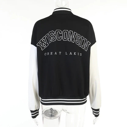 A classic British-style baseball jacket with contrast PU stitching, showcasing a sophisticated and versatile design for casual wear.
