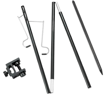 Adjustable camping lantern stand with detachable hangers, made of corrosion-resistant stainless steel and aluminium alloy for stable and elevated lighting.