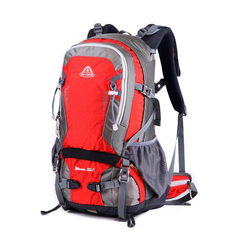 Durable outdoor climbing backpack with integrated raincover, featuring waterproof nylon construction, adjustable straps, and multiple storage compartments.