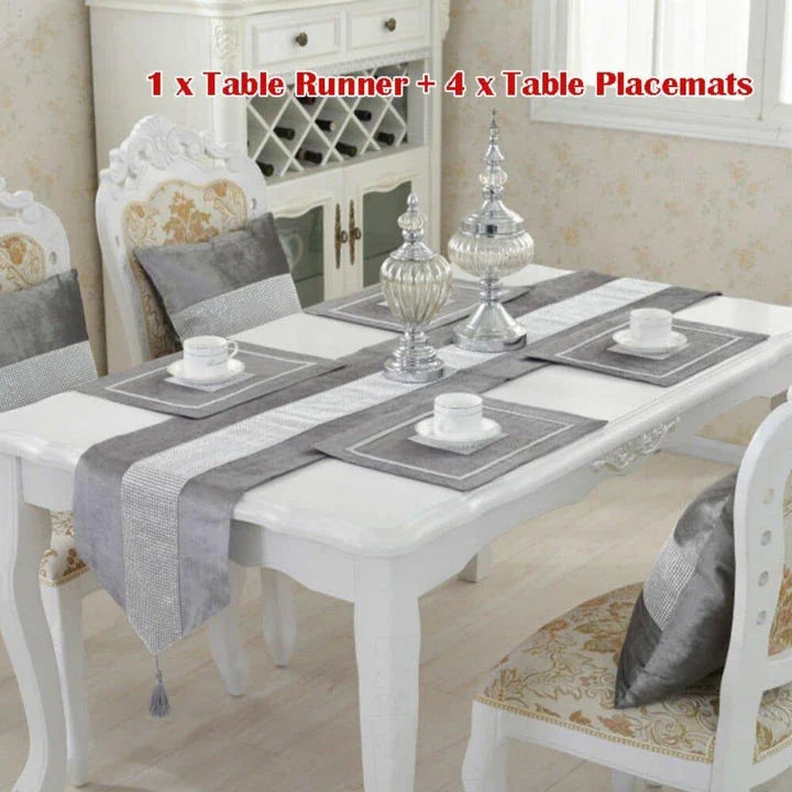 Elegant crystal-trimmed table runner with 4 coordinating beige placemats, creating a refined and sophisticated dining setting