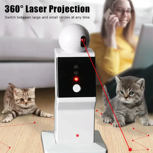 Interactive Laser Cat Toy with 360° random rotation, adjustable speed settings, and quiet operation for safe and engaging playtime