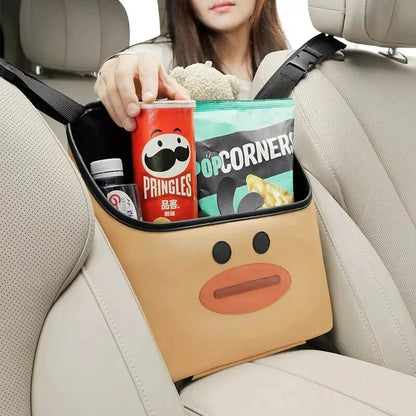 Premium leather car seat organiser with a delightful cartoon rabbit design, featuring dedicated compartments for papers, cups, and phablets
