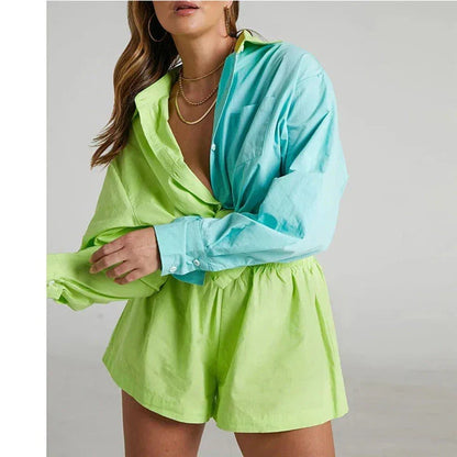 Chic high-waist cotton linen shirt and shorts set in pink, featuring a turn-down collar, long sleeves, and a relaxed, flattering fit for the modern British woman.