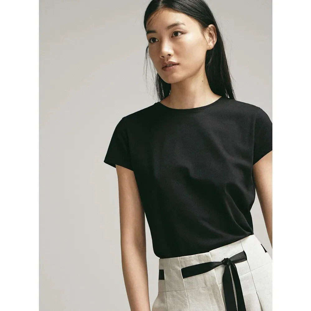 A grey, short-sleeved cotton t-shirt for women, featuring a classic round neckline and a flattering, regular fit.