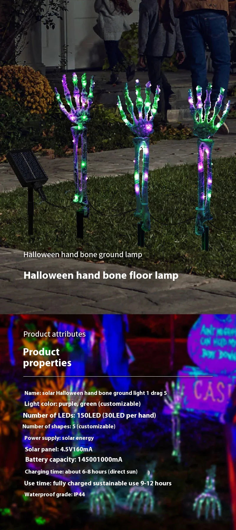 Solar-powered Halloween ground lamp with hand-shaped LED lights in purple and green colours, creating a spooky ambience in an outdoor courtyard