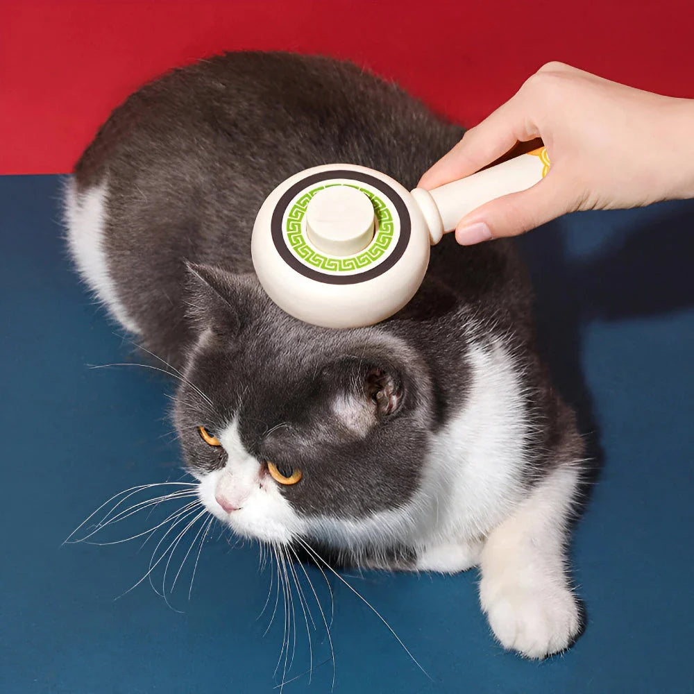 One-Click Pet Hair Removal Comb in red colour, designed to effectively remove loose fur and tangles from cat or dog coats