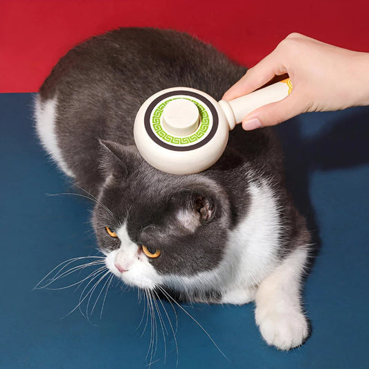 One-Click Pet Hair Removal Comb in red colour, designed to effectively remove loose fur and tangles from cat or dog coats