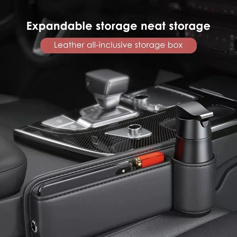 Leather Car Seat Gap Organiser with multiple storage compartments and cup holder, designed for easy installation and a sleek look in your vehicle.