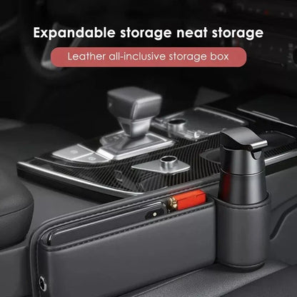Leather Car Seat Gap Organiser with multiple storage compartments and cup holder, designed for easy installation and a sleek look in your vehicle.