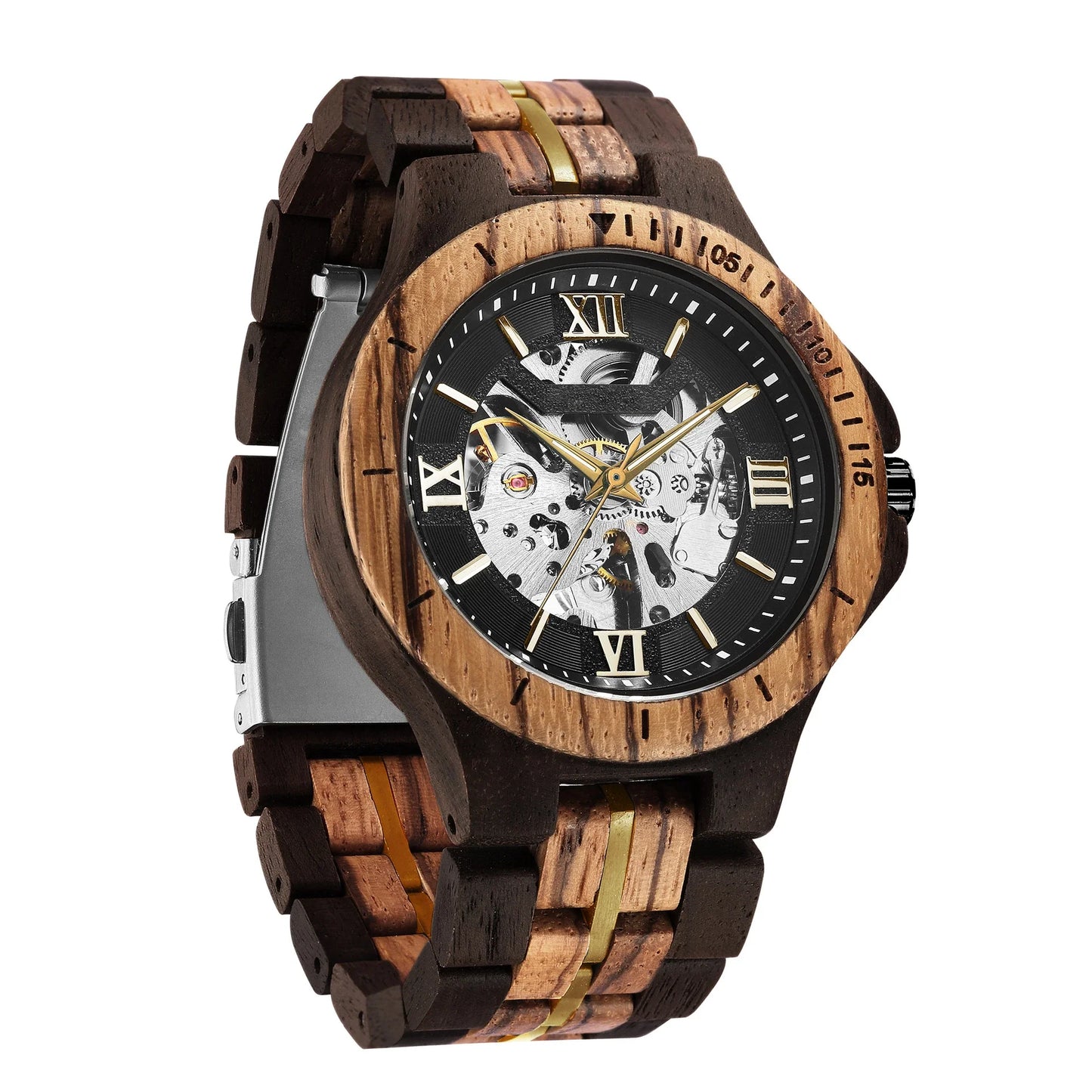 Elegant mechanical watch with wood strap, stainless steel buckle, and pointer display, showcasing British craftsmanship and precision timekeeping.