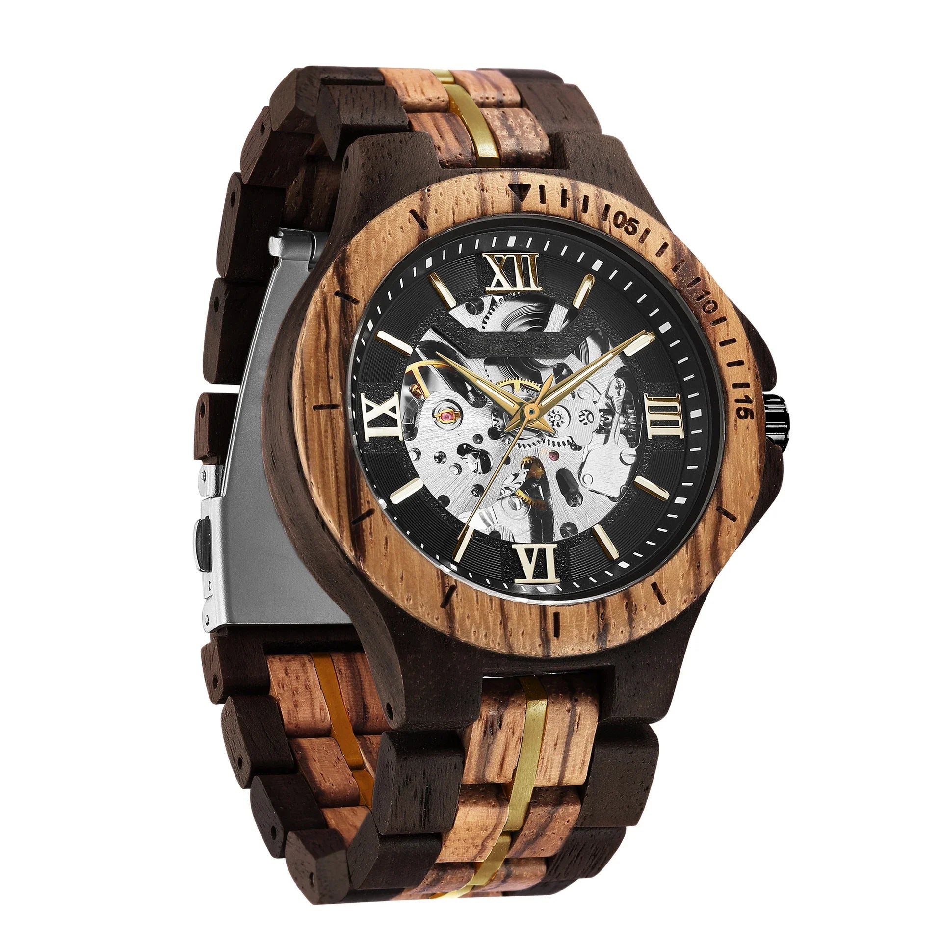 Elegant mechanical watch with wood strap, stainless steel buckle, and pointer display, showcasing British craftsmanship and precision timekeeping.