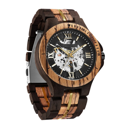 Elegant mechanical watch with wood strap, stainless steel buckle, and pointer display, showcasing British craftsmanship and precision timekeeping.