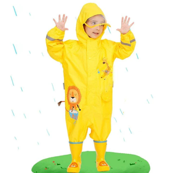 Children wearing a vibrant, dinosaur-themed waterproof rain jumpsuit playing outdoors in the rain