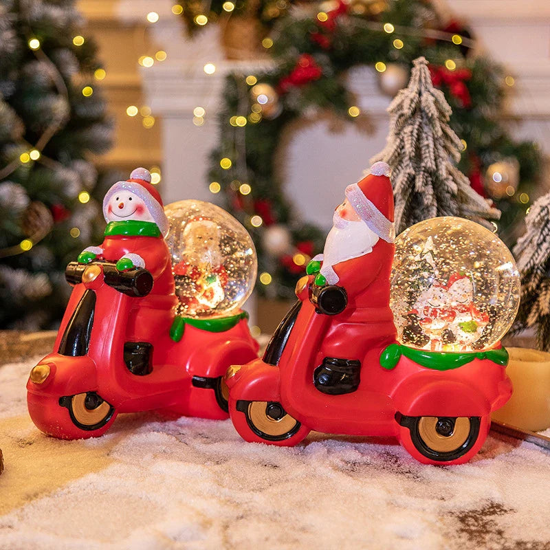 Festive music box Christmas ornaments with Santa Claus and snowman designs, creating a delightful holiday ambiance